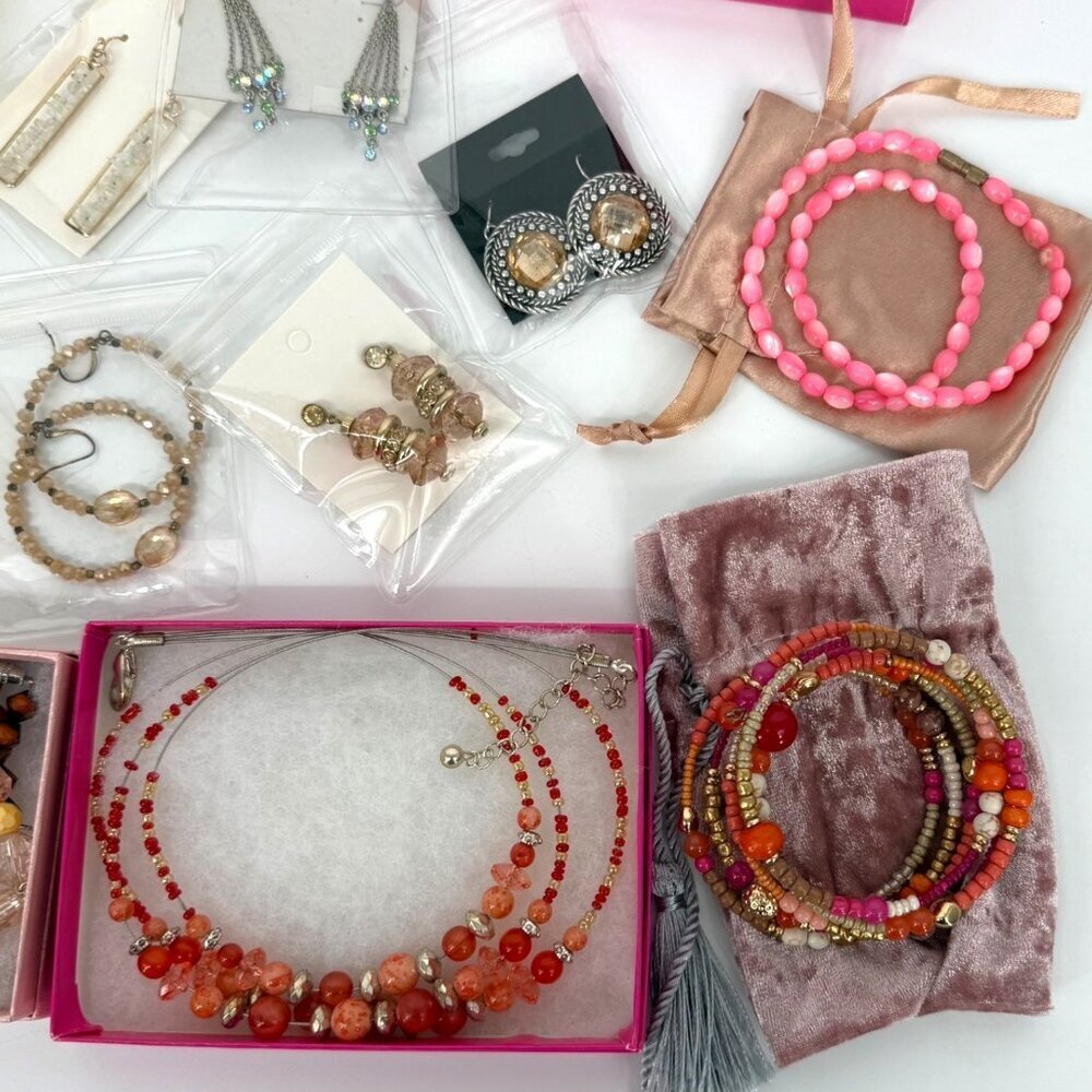 Jewelry Mixed Lot Wearable Earrings Necklace Bracelet Orange Pink Tone Boho - Picture 14 of 16